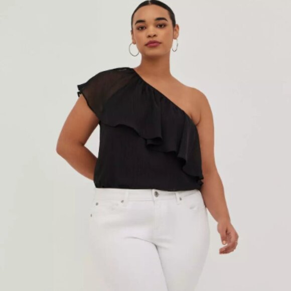 TORRID | One-Shoulder Ruffle Blouse - Crinkle Chiffon & Lurex Black Top | Sz. 4X - Picture 1 of 11